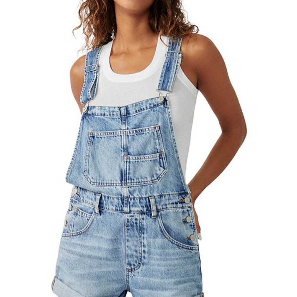 Ziggy Square Neck Sleeveless Frayed Cuffed Hem Shortall Overalls Clolor FYH - Picture 5 of 8